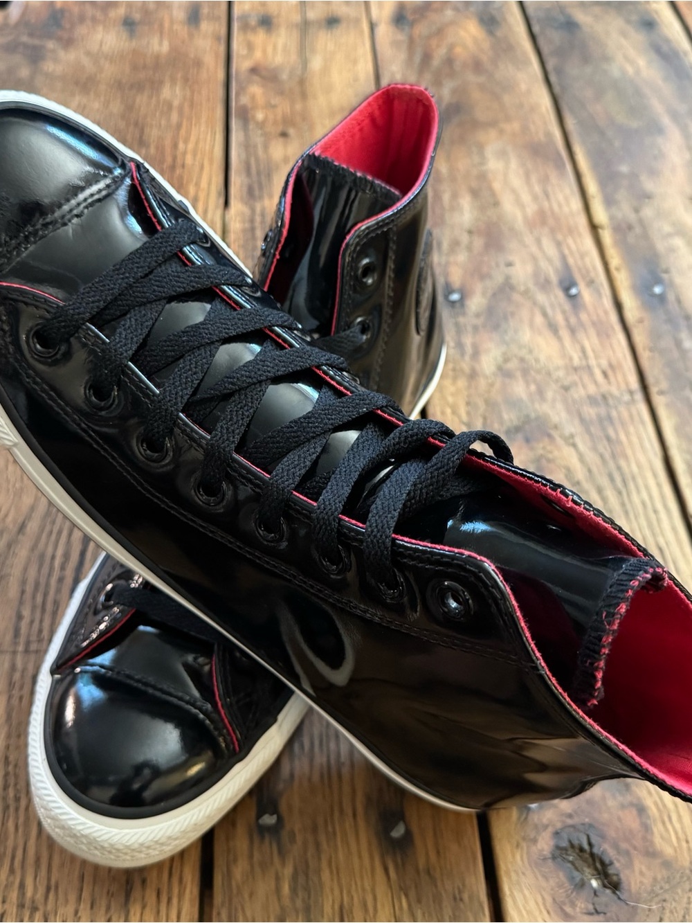 Converse Black Patent High-Top Sneakers with White Sole Red Inside - Picture 2 of 9